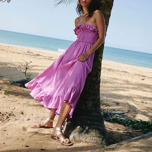 Free People Midi Dress Lush Life Linen Strapless Smocked Opera Mauve Size M New - Picture 11 of 11